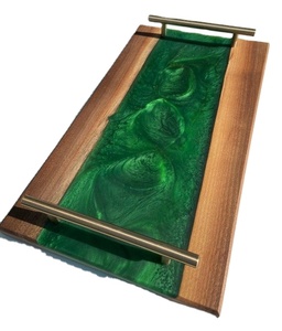 Joli plateau de nourriture bois d'acacia et résine cadeau de mariage royal plateau de service de nourriture avec poignée en métal fournitures de restaurant et d'hôtel d'usine - Product Image 2