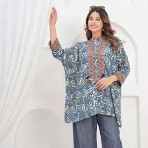 Women <b>Blue</b> Paisley Printed <b>Tunic</b> Two Piece Set Loose Fit Three Quarter Sleeve Ethnic Boho Casual Wide Leg Pants Outfit - Product Image 2
