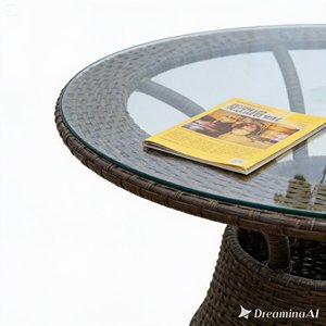 Ensemble de jardin en rotin d'extérieur, table ronde 4 places avec coussins verts, style contemporain, meubles résistants aux intempéries - Product Image 3