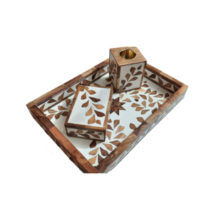 Handcrafted Wooden Arabic Incense Burner Set With Elegant Floral Leaf Inlay, <b>Matching</b> Tray, Storage <b>Box</b> And Brass Cup Accent - Product Image 5