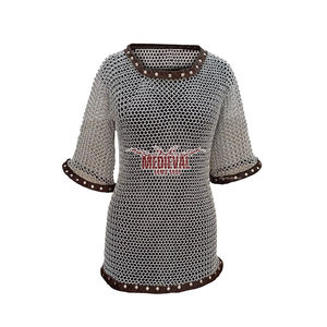 Camisa de Malla de Aluminio Medieval de Media Manga con Ribete de Cuero, Armadura de Anillos de 10mm, Disfraz de Caballero Vikingo Renacentista para Recreación Histórica - Product Image 1