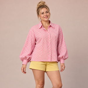 Chemise boutonnée rose à carreaux à manches ballon pour femme, coupe ample, décontractée, printemps-été - Product Image 1