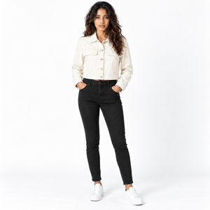 Veste en jean pour femme, style trucker, manches longues, col rabattu, fermeture boutonnée, coupe classique, automne-hiver, respirante et coupe-vent - Product Image 1