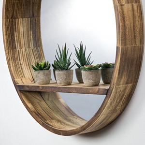 Oak Wood <b>Wall</b> <b>Mirror</b> with Shelves 48x30 in Handcrafted Rustic Modern India Mudroom Bathroom Wholesale OEM - Product Image 4