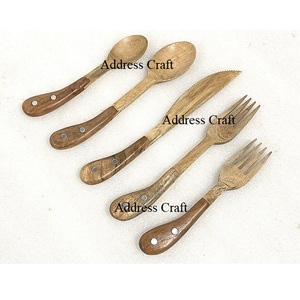 Ensemble de couverts de luxe en bois d'acacia écologique et durable, style américain, design gravé, 5 pièces, vaisselle, fourchette à dîner - Product Image 3