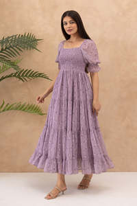 Robe midi en mousseline à imprimé floral lavande avec manches bouffantes, coupe trapèze ample, style bohème, col carré, taille élastique, pour le quotidien, été - Product Image 2