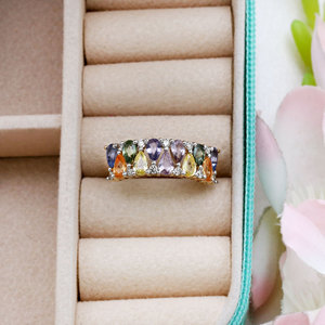 Anillo de oro amarillo de 14 quilates con racimo de diamantes y zafiros multicolor en forma de pera, joyería fina al por mayor, anillo de banda con gemas arcoíris para mujer - Product Image 5