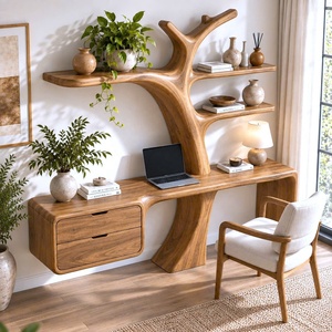 Escritorio de Madera Contemporáneo de Lujo, Hecho a Mano, para Montar en la Pared, con Estantes en Forma de Árbol y Cajón, para Oficina en Casa - Product Image 5