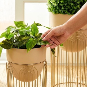 Modern Metal <b>Planter</b> with Stand <b>Gold</b> and Black Flower Pot Beige Bowl Desktop Home Garden Decor - Product Image 4