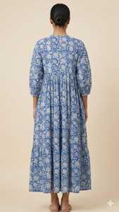 Vestido MIDI de Algodón con Estampado Floral, Cuello Redondo, Mangas Abullonadas de Tres Cuartos, Corte Holgado, con Bolsillos, para Uso Diario, Bordado - Product Image 2
