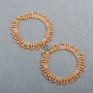 Harita Gold Plated Ruby & Diamond Designer Anklet Bell Foot Jewelry - Product Image 3