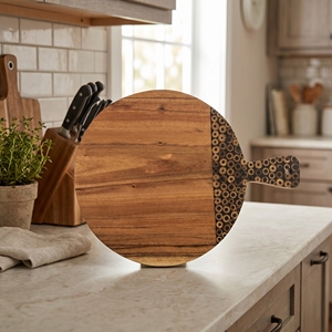 Planche à découper en bois de Suar de qualité alimentaire avec élégante incrustation en bambou noir, grande, ronde, brun clair, pour la cuisine et l'usage domestique quotidien - Product Image 3