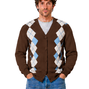 <b>Men</b> Brown Argyle V Neck <b>Cardigan</b> Knitted <b>Sweater</b> Diamond Pattern Button Front Long Sleeve Classic Casual Fit Knitwear Winter Top - Product Image 1