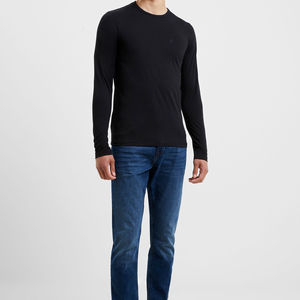 Camiseta de Manga Larga para Hombre, Cuello Redondo, Ajustada, de Algodón, Color Negro Sólido, Informal, Transpirable, Tejida - Product Image 1