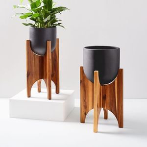 Minimalist White Metal Flower <b>Pot</b> with Wooden Stand for Indoor Desktop Use - Product Image 6