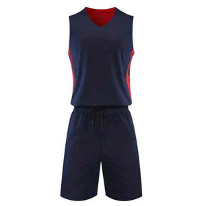 Ensemble de maillots de basket personnalisés sans manches, col en V, bleu foncé avec accents rouges, short à cordon de serrage anti-humidité, coupe classique, toutes saisons - Product Image 1
