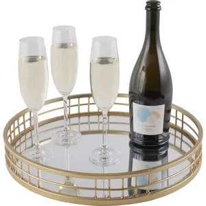 Premium Artisan <b>Crafted</b> Metal Organizer Tray for Elegant Residential InteriorsRound Gold Plated <b>Mirror</b> Tray Geometric Design - Product Image 1