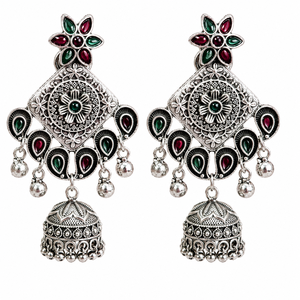 Vente en gros de boucles d'oreilles pendantes bohèmes vintage en argent antique, fournisseur en gros avec sertissage clos, Jhumka Bollywood, cadeau de fête pour elle - Product Image 1