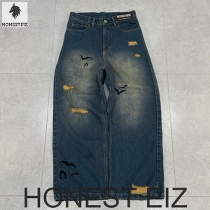 HONESTEIZ Jeans de Mezclilla Rotos de Pierna Recta para Hombre, Cintura Alta, Lavado Desgastado, Estilo Casual, Tela de Algodón para Otoño - Product Image 1