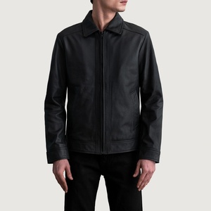 Veste en cuir noire pour homme, col rabattu, fermeture éclair, manches régulières, couleur unie, style décontracté d'automne - Product Image 1