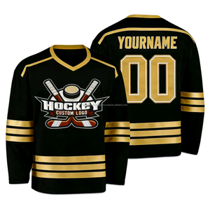 Jersey de Hockey sobre Hielo Personalizado para Hombre, Color Negro y Dorado, Transpirable, Ecológico, 260g, Malla, Cuello en V, Manga Larga, Uniforme de Equipo Sublimado - Product Image 1