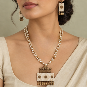 Traditional Muga Silk <b>Pearl</b> Necklace <b>Set</b> with Statement Pendant and Matching Earrings | Handcrafted Indian Ethnic Jewellery - Product Image 3