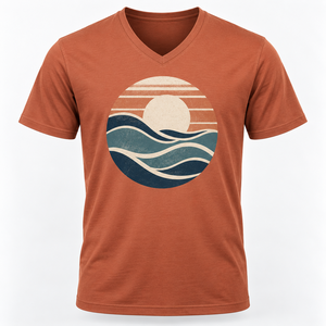 T-shirt décontracté pour homme en jersey 100 % coton, col en V, manches courtes, imprimé coucher de soleil sur l'océan, coupe classique, respirant - Product Image 4