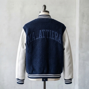 Men's Navy Fleece <b>Jacket</b> with <b>White</b> PU Sleeves Front Logo Casual Style Stand Collar Regular Fit Eco-Friendly Breathable Winter - Product Image 2