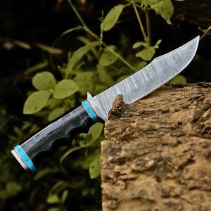 Cuchillo Bowie de hoja fija con patrón de Damasco personalizado, mango con ranura para el dedo, espiga completa, cuchillos utilitarios para exteriores, funda de cuero - Product Image 6