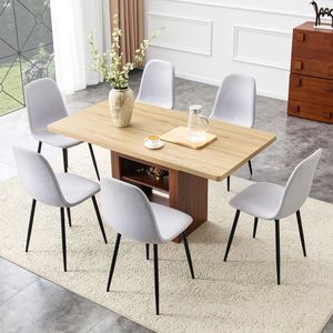 Set di 6 Sedie da Pranzo Moderne in Lino e Cotone Grigio Chiaro con Tavolo Allungabile da 59-71 Pollici - Product Image 1