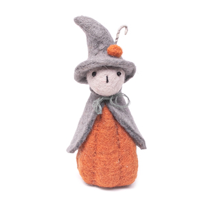 Poupée sorcière citrouille d'Halloween faite à la main en feutre aiguilleté - Figurine de sorcière en feutre de laine écologique pour la décoration intérieure et les cadeaux saisonniers - Product Image 1