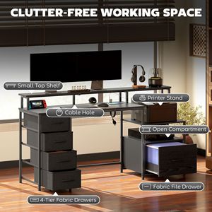 67\" Black Computer Desk with <b>Power</b> Outlets LED Lights <b>File</b> Cabinet Fabric Drawers Bookshelf - Product Image 4