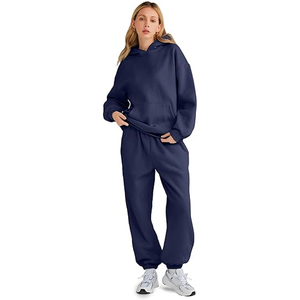 Conjunto Deportivo Casual de 2 Piezas para Mujer, Sudadera con Capucha Marrón y Pantalones Jogger, Traje de Felpa y Spandex de Manga Larga, Corte Holgado, Color Sólido, Corto - Product Image 2