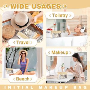 Borsa con Cerniera Personalizzata con Lettera Iniziale, Piccola e Carina, in Ciniglia Stile Varsity, per Trucchi, da Spiaggia, da Viaggio, Boho, in Paglia, Trasparente, per Cosmetici - Product Image 3