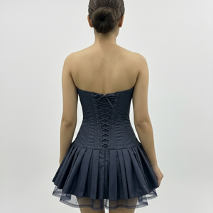 Vestido Mini Corsé sin Tirantes para Mujer, Azul Marino, Satinado, con Varillas, Estilo Bustier con Lazo, Falda Plisada, Sexy, para Fiesta, Personalizado OEM - Product Image 3