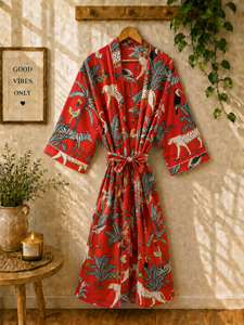 Wholesale 100% Cotton Floral Printed V-neck Kimono Robe Women | Breathable <b>Open</b> <b>Front</b> <b>Cardigan</b> | Summer Vacation Resort Wear | - Product Image 5