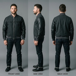 Veste en laine gris anthracite pour homme avec manches en cuir noir, col et poignets en tricot côtelé, fermeture éclair intégrale, style streetwear décontracté haut de gamme, veste personnalisée - Product Image 6