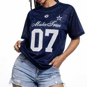 Camiseta de fútbol americano de malla personalizada al por mayor estilo Y2K para hombre, azul marino, estilo universitario, oversize, estilo urbano, venta al por mayor, OEM, fábrica de EE. UU. - Product Image 3