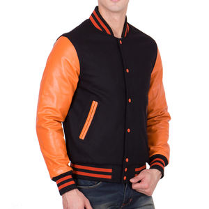 Chaqueta Varsity Negra y Naranja para Hombre, Chaqueta Bomber con Mangas de Cuero Naranja, Estilo Béisbol Informal, Ropa de Abrigo Cálida para Invierno - Product Image 4