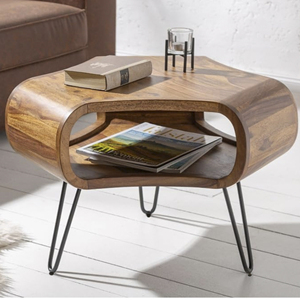 Table basse contemporaine en bois de manguier avec un design incurvé unique et des pieds pliants en métal noir inclinés, table de salon - Product Image 3
