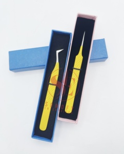 Pinzas de extensión de pestañas de acero inoxidable de grado profesional Diamond Grip Volumen de fibra de recubrimiento de polvo amarillo de alta calidad - Product Image 4