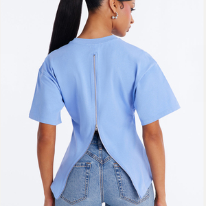 2026 New Sexy Summer Jersey Black Crew Neck Skinny Fit T-shirt With Back Zipper Breathable 100% Cotton Short Sleeve Women's Tees - Product Image 6