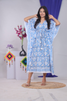 Robe Kaftan Femme en Coton 100% Écologique à Imprimé Floral Bleu, Col en V, Manches Chauve-Souris, Longueur Genou, Coupe Ample, Formelle