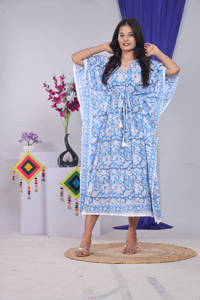 Blue Floral Block Print 100% Cotton Eco-Friendly <b>Kaftan</b> Dress Women's V-Neck Batwing Sleeve Knee-Length Loose Fit Formal - Product Image 4