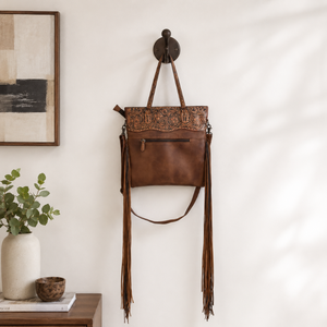 Premium Handmade Hair-On Cowhide Leather Tote <b>Bag</b> with <b>Hand</b> Tooled Floral Design Fringe and Detachable Shoulder Strap for Women - Product Image 3