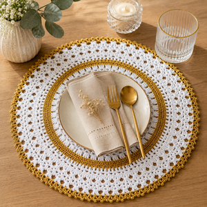 <b>Round</b> Crochet Place Mat <b>White</b> Gold Rim <b>Table</b> Mat Woven Dinner Placemat for Wedding Party Dining - Product Image 3