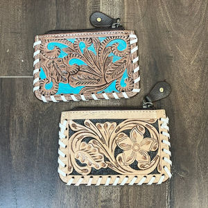 Monedero de piel de vaca loco color personalizado OEM ODM diseño verde azulado floral Banco compras mano tooled tarjetero para mujer - Product Image 5