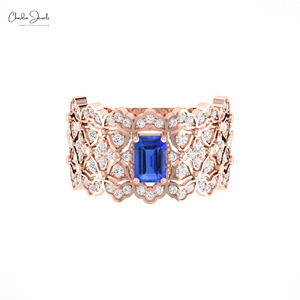 Anillo de cóctel de lujo de oro fino de 14K con tanzanita AAA de 6x4mm, gema octogonal con diamantes engastados en pavé, joyería fina, fabricante OEM ODM - Product Image 3