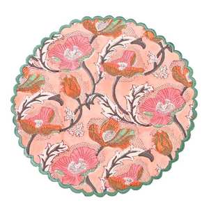 Hand Block Printed 100% Cotton <b>Round</b> Embroidery Edge <b>Mats</b> & Pads <b>Round</b> Floral Fabric Placemat Pink Teal Grey Indian Floral - Product Image 4