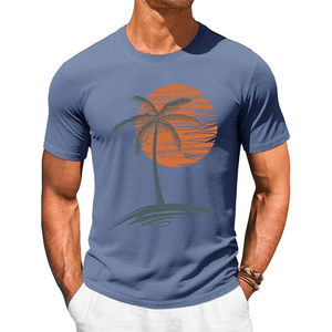 T <b>Shirt</b> Blue Slate Palm Tree Sunset Tropical Graphic Short Sleeve Casual Summer Cotton Top - Product Image 1